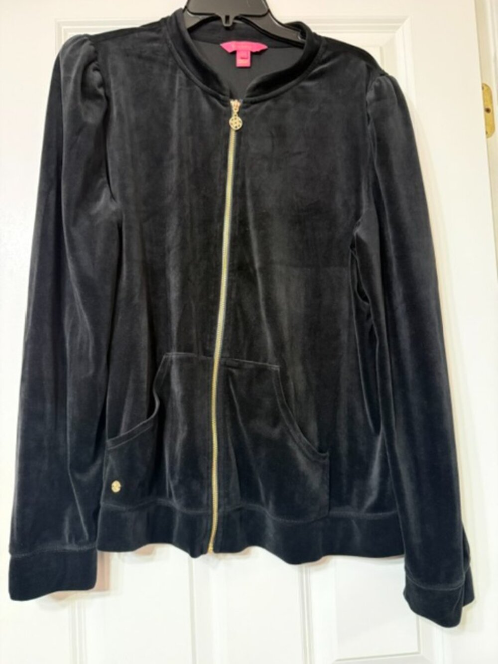 Lilly Pulitzer black velour, with gold zip-up, jacket, size XXL